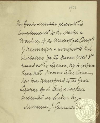 Χειρόγραφο σημείωμα του Ιωάννη Γενναδίου με το οποίο ενημερώνει για τη μεταφορά του Άθου Ρωμάνου στην ελληνική πρεσβεία στο Παρίσι και τη διαδοχή στο Λονδίνο από τον Ιωάννη Γεννάδιο.