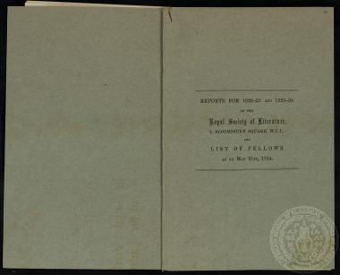 Reports for 1922-1923 of the Royal Society of Literature and list of Fellows as on May 21st, 1924