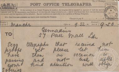 Τηλεγράφημα από τον Σωτήριο Χατζόπουλο προς τον Ιωάννη Γεννάδιο σχετικά με τη δημοσίευση φυλλαδίου, 17/12/1885