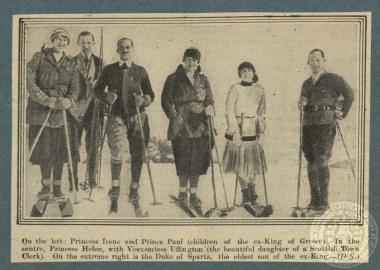 Διακοπές των νεώτερων μελών της ελληνικής βασιλικής οικογένειας (πριγκήπισσας Ειρήνης, Ελένης και πριγκήπων Παύλου και Γεωργίου) σε χειμερινό τουριστικό θέρετρο κατά τη διάρκεια της πρώτης εξορίας του Κωνσταντίνου Α΄ στην Ελβετία.