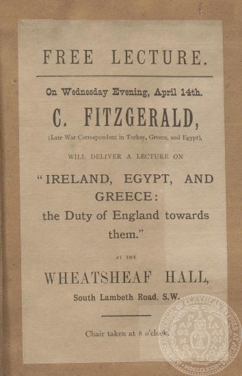 Ενημερωτικό φύλλο ομιλίας του C. Fitzgerald στο Λονδίνο, 14/04/1886