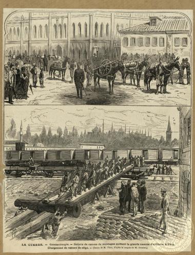 La guerre. - Constantinople. - Batterie des canons de montagne quittane la grande caserne d' artillerie, à Péra. Chargement de canons de siège.