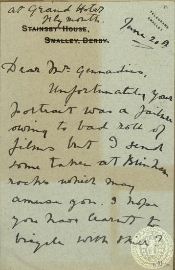 Φιλική επιστολή από την M. Wilmott - Sitwell προς τον Ι. Γεννάδιο.