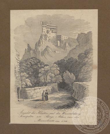 Χαρακτικό άποψης της πύλης εισόδου στο Άγιον Όρος.