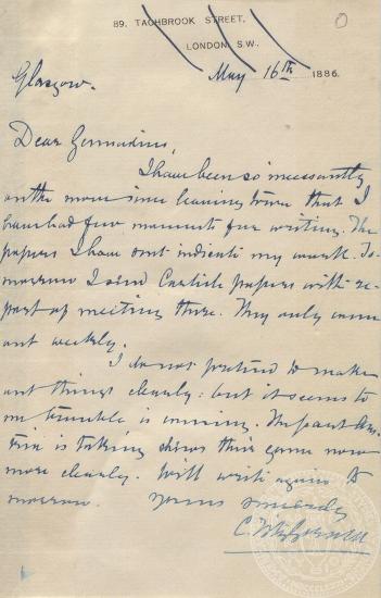 Επιστολή του C. Fitzgerald προς τον Ιωάννη Γεννάδιο, 16/05/1886