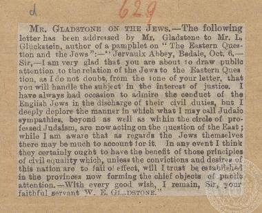 Δημοσίευση επιστολής σε εφημερίδα στις 08/10/[1876] σχετικά με την στάση των Εβραίων στο Ανατολικό Ζήτημα.