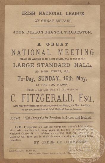 Ενημερωτικό φύλλο ομιλίας του C. Fitzgerald στη Γλασκώβη. 16/05/1886