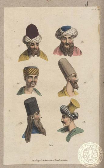 Προσωπογραφίες ανδρών από την Ανατολή με διάφορα καλύμματα κεφαλής και ενδύματα.