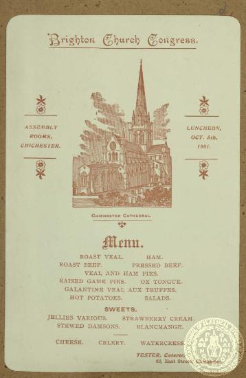 Το μενού του γεύματος της 3ης Οκτωβρίου 1901, το οποίο παρατέθηκε στο πλαίσιο του 41ου Εκκλησιαστικού Συνεδρίου της Εκκλησίας της Αγγλίας που έλαβε χώρα στο Brighton από την 1η έως την 4η Οκτωβρίου.