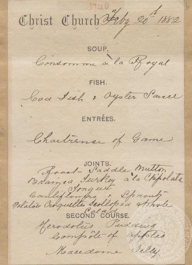 Μενού για εορταστικό δείπνο, 20/02/1882
