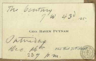 Carte de visite του Geo Haven Putnam.