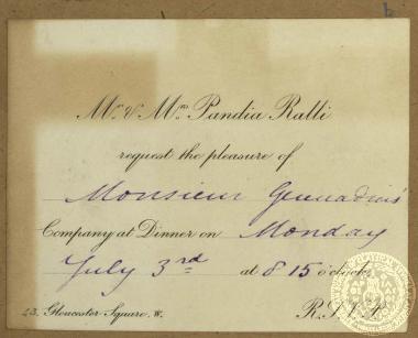 Πρόσκληση του Ιωάννη Γενναδίου σε δείπνο από την οικογένεια του Παντιά Ράλλη, στις 3 Ιουνίου.