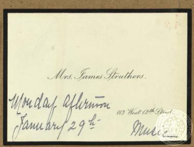 Carte de visite της συζύγου του James Strutchers, που φέρνει σημειωμένες χειρογράφως τις ακόλουθες πληροφορίες: 
