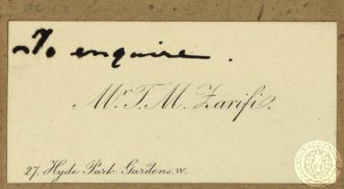Carte de visite του Μ. Τ. Μ. Ζαρίφη.