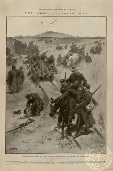 The Greco - Turkish war. The battle of Velestino: The Greeks bringing in their wounded and dead from the fighting line.