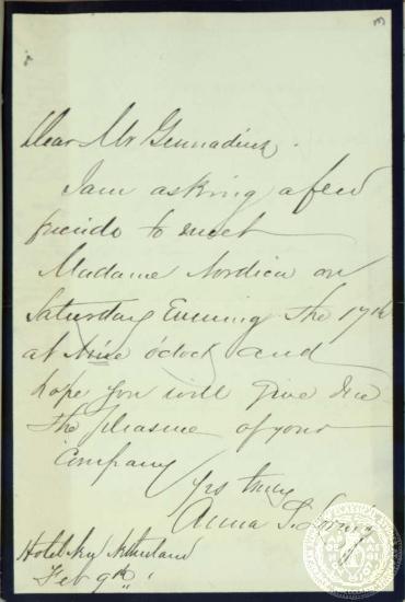 Πρόσκληση του Ιωάννη Γενναδίου σε συνάντηση από την Anna Loring στις 17 Φεβρουαρίου 1894.