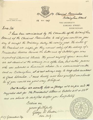 Επιστολή από το προεδρείο του παραρτήματος του Συλλόγου Κλασσικών Μελετών (Classical Association) στο Birmingham.
