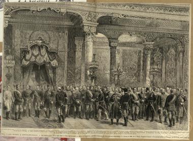 La Paix. - Les russes à Constantinople. - Les états-majors russe et turcs dans la Salle des Colonnes au palais de Beylerbey, pendant l' entrevue du Sultan et du Grand-Duc.