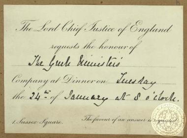 Πρόσκληση από τον δεύτερο στην ιεραρχία των δικαστικών της Αγγλίας, Lord Chief Justice of England σε δείπνο στις 24 Ιανουαρίου 1893.