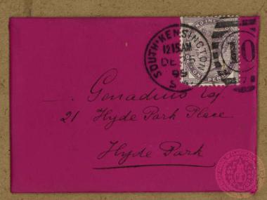 Φάκελος μικρός που περιλαμβάνει μικρή ευχετήρια καρτούλα από τον Π. Γ. Ασπιώτη για τα Χριστούγεννα του 1899 και το νέο έτος.