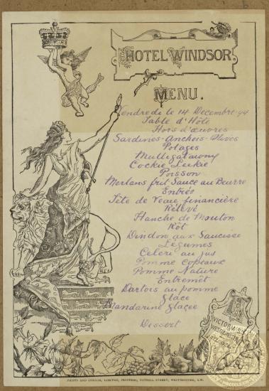 Το μενού της 17ης Δεκεμβρίου 1894 στο ξενοδοχείο Windsor στο Westminster.