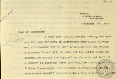 Επιστολή του Frederic Alfado προς τον Ιωάννη Γεννάδιο στην οποία ζητά πληροφορίες για τη νομοθεσία σχετικά με τα αθλήματα.