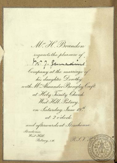 Η προσκλητήρια κάρτα της οικογένειας M. H. Brandon για το γάμο της κόρης τους Dorothy με τον Alexander Croft στις 19 Ιουνίου 1897.