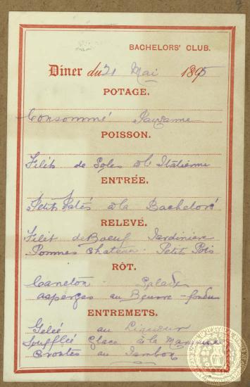 To μενού της 21ης Μαίου 1895 στο Bachelor Club.