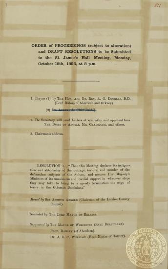 Order of Proceddings (subject to alteration) and Draft Resolutions to be submitted to the ST. James Hall Meetin Monday, October 19th, 1896, at 8 p.m.