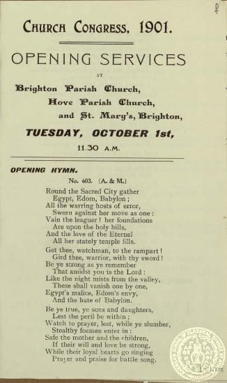 Το πρόγραμμα και οι ύμνοι της τελετής έναρξης του 41ου Εκκλησιαστικού Συνέδριου της Εκκλησίας της Αγγλίας στο Brighton, 1 με 4 Οκτωβρίου 1901.