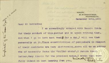 Επιστολή του Frederic Alfalo σχετική με τη δυσκολία συνεννοήσης του με τον εκδοτικό Οίκο Sands.