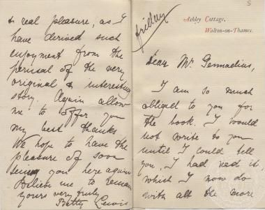 Συγχαρητήρια επιστολή της Betty Lewis προς τον Ι. Γεννάδιο για την έκδοση σε αγγλική μετάφραση του 