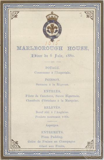 Μενού δείπνου στο Marlborough House. 06/06/1880