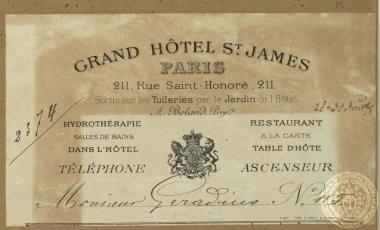 Κάρτα του ξενοδοχείου Grand Hotel St. James στο Παρίσι.