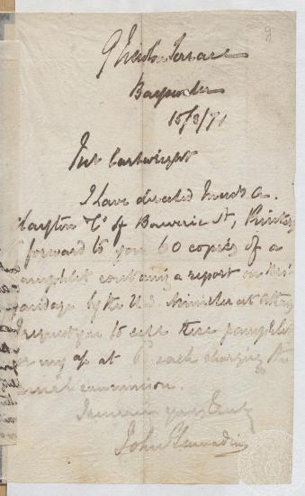 Επιστολή του Ι. Γενναδίου στον Cartwright, για την αποστολή αντιτύπων, τού φυλλαδίου που έγραψε ο C. K. Tuckerman. 15/03/1871