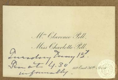 Πρόσκληση του Ιωάννη Γενναδίου για τσάι στην 1η Μαίου 1894 από την αριστοκράτισσα αμερικανίδα Clarence Pell.