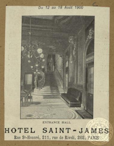 Απόκομμα με διαφήμιση του ξενοδοχείου Saint - James στο Παρίσι με τη σημείωση: Από τις 12 έως τις 18 Αυγούστου 1900.