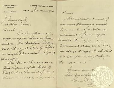 Επιστολή από τον εκδοτικό οίκο Sands & Company προς τον Ιωάννη Γεννάδιο σχετική με τα ανάτυπα του άρθρου του και το κόστος.