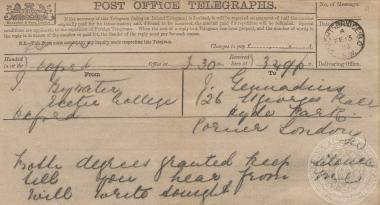 Τηλεγράφημα προς τον Ιωάννη Γεννάδιο σχετικά με τιμητικό τίτλο από το πανεπηστήμιο της Οξφόρδης, 13/02/1882