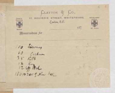 Σημείωμα/memorandum των εκδόσεων Clayton & Co. 187?