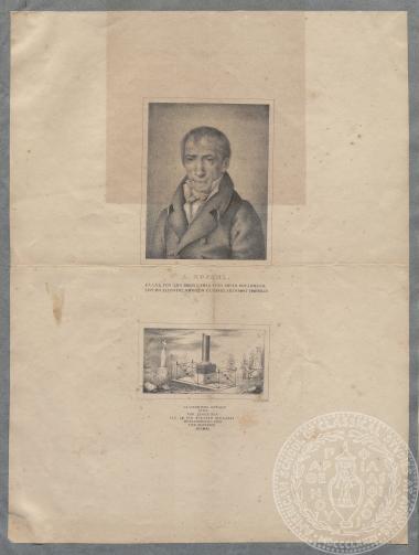 Σελίδα με λιθογραφία προσωπογραφίας του Αδαμάντιου Κοραή και του ταφικού του μνημείου