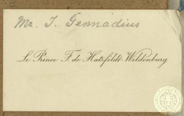 Carte de visite του πρίγκηπα F. de Hatzfeldt Wildenburg.