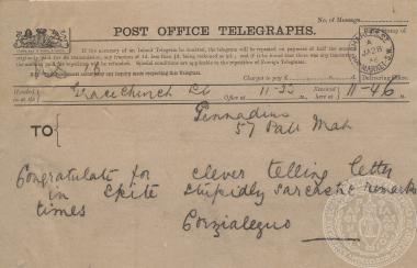 Συγχαρητήριο τηλεγράφημα του Μαρίνου Κοργιαλένιου προς τον Ιωάννη Γεννάδιο, 28/01/1886