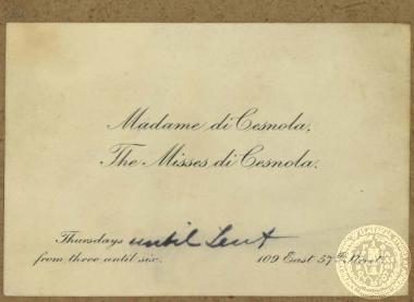 Carte de visite μιας εκ των κυριών της υψηλής κοινωνίας της Νέας Υόρκης Madame di Cesnola και της κόρης της Misses di Censola.