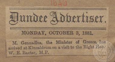 Επίσκεψη του Ιωάννη Γενναδίου στο Kincaldrum, εφημερίδα 