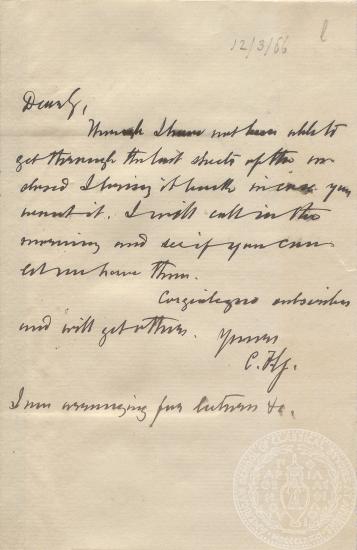 Επιστολή του C. Fitzgerald προς τον Ιωάννη Γεννάδιο, 12/03/1886