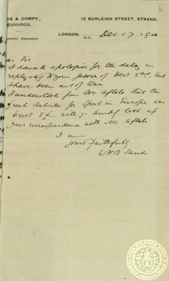 Απάντηση του τυπογράφου Sands προς τον Ιωάννη Γεννάδιο σχετικά με οικονομικές τους διαφορές.