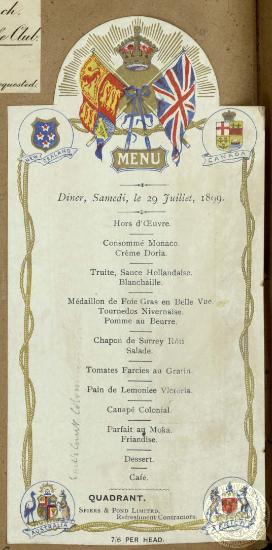 Μενού από δείπνο της 29ης Ιουλίου 1899.