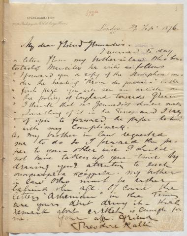 Επιστολή του Θεόδωρου Ράλλη προς τον Ιωάννη Γεννάδιο, 29/09/1876