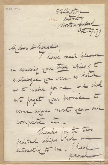 Επιστολή του Sir Charles Trevelyan προς τον Ι. Γεννάδιο σχετικά με τη σύνταξη καταλόγου. 27/10/1879